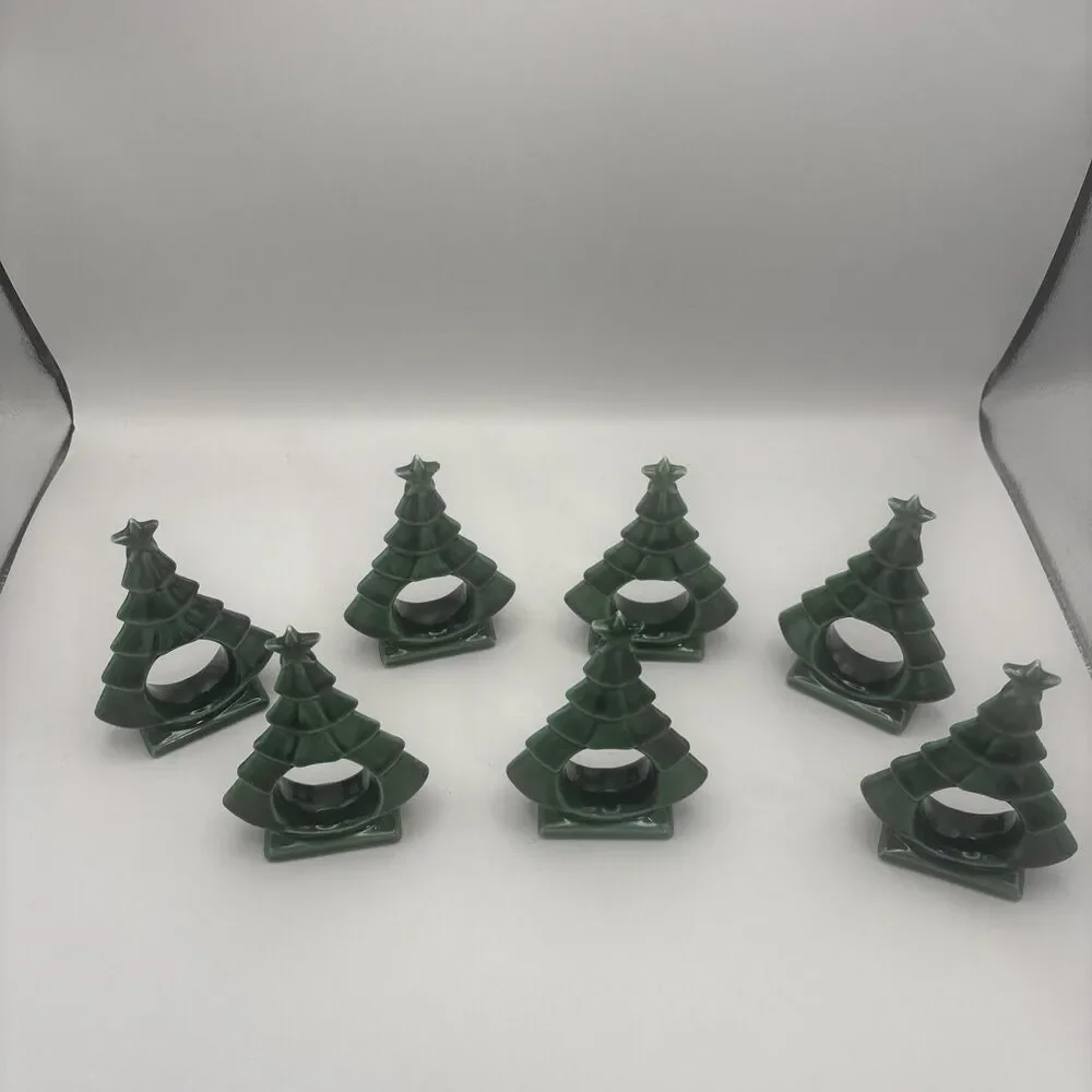 Set Of 7 Ceramic Christmas Tree Napkin Rings Elegant Stylish Gift Hostess